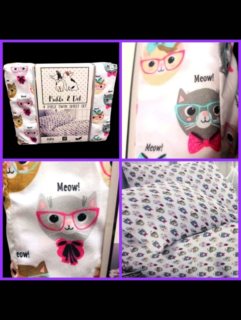4pc Set Pickle & Dot Cats With Eye Glasses Coquette Bow Twin Bed Sheets NEW
